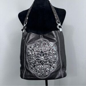 BRIGHTON Women’s Anju Masterpiece Sequin  Soft Leather Dark Brown Shoulder Bag